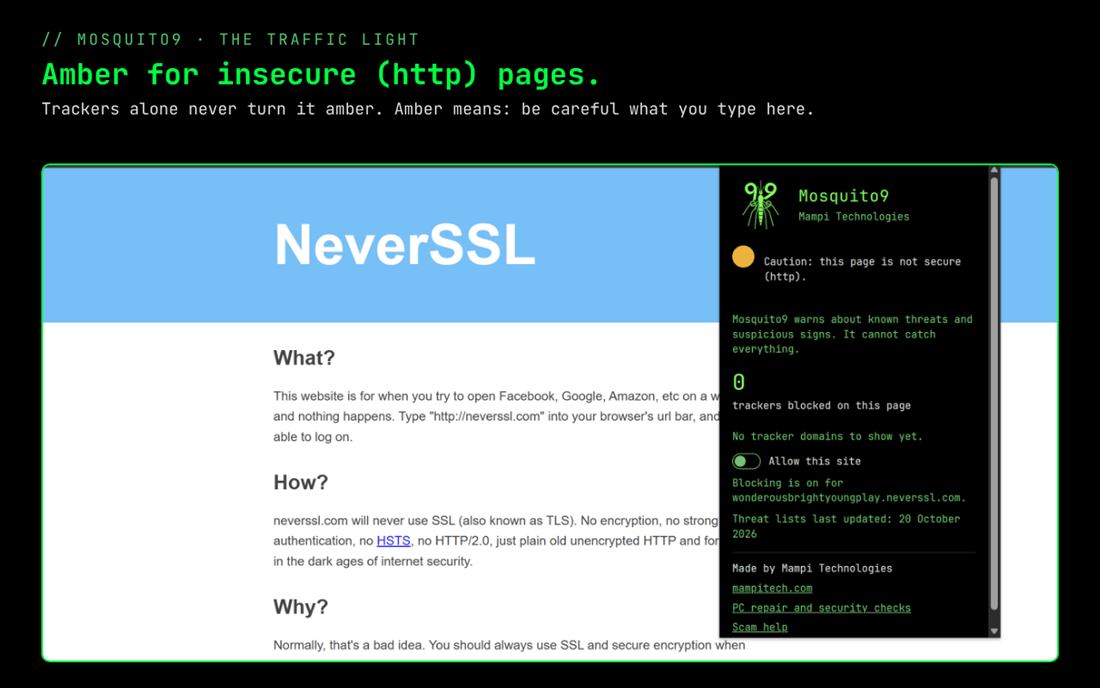 Mosquito9 panel on an insecure http page, with an amber light.