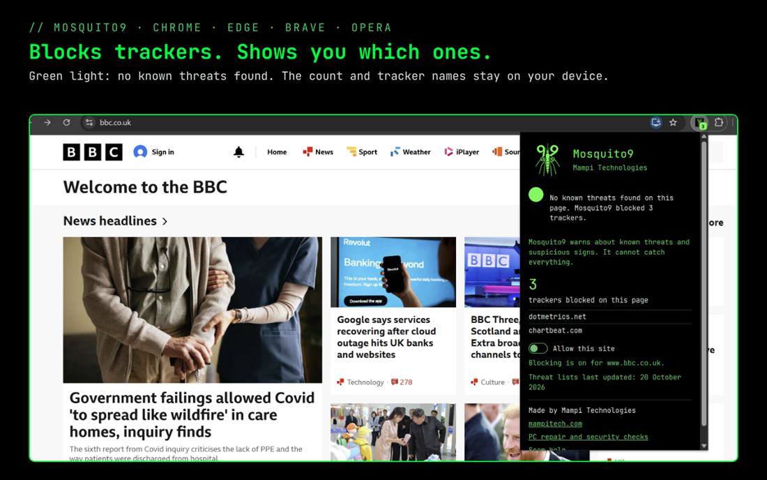 Mosquito9 panel on the BBC in Chrome, with a green light and three named trackers blocked.