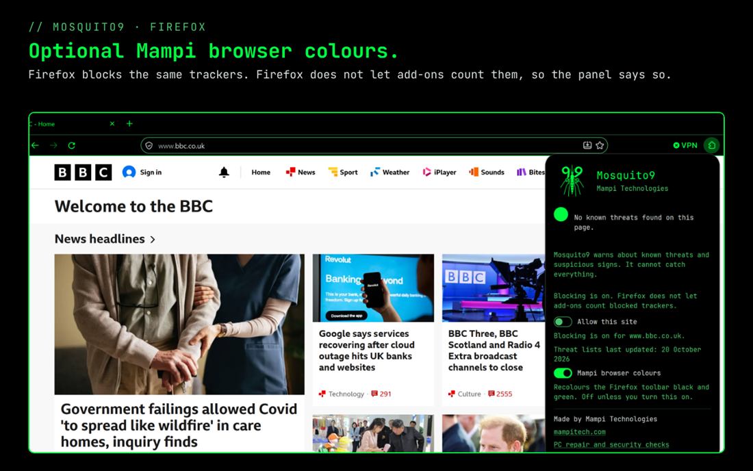 Mosquito9 panel in Firefox on the BBC, with a green light and optional black and green toolbar colours.