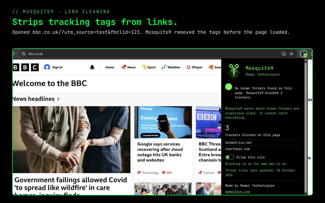 A BBC page opened from a link that had tracking tags, which Mosquito9 removed.
