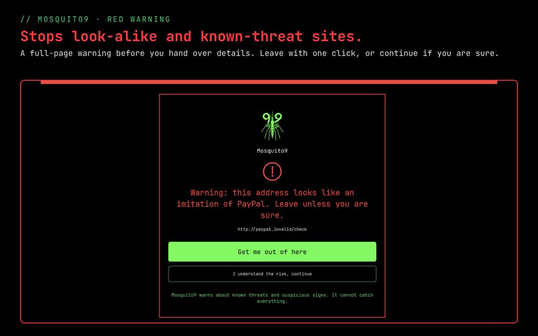A full-page Mosquito9 warning for a test address that looks like PayPal.